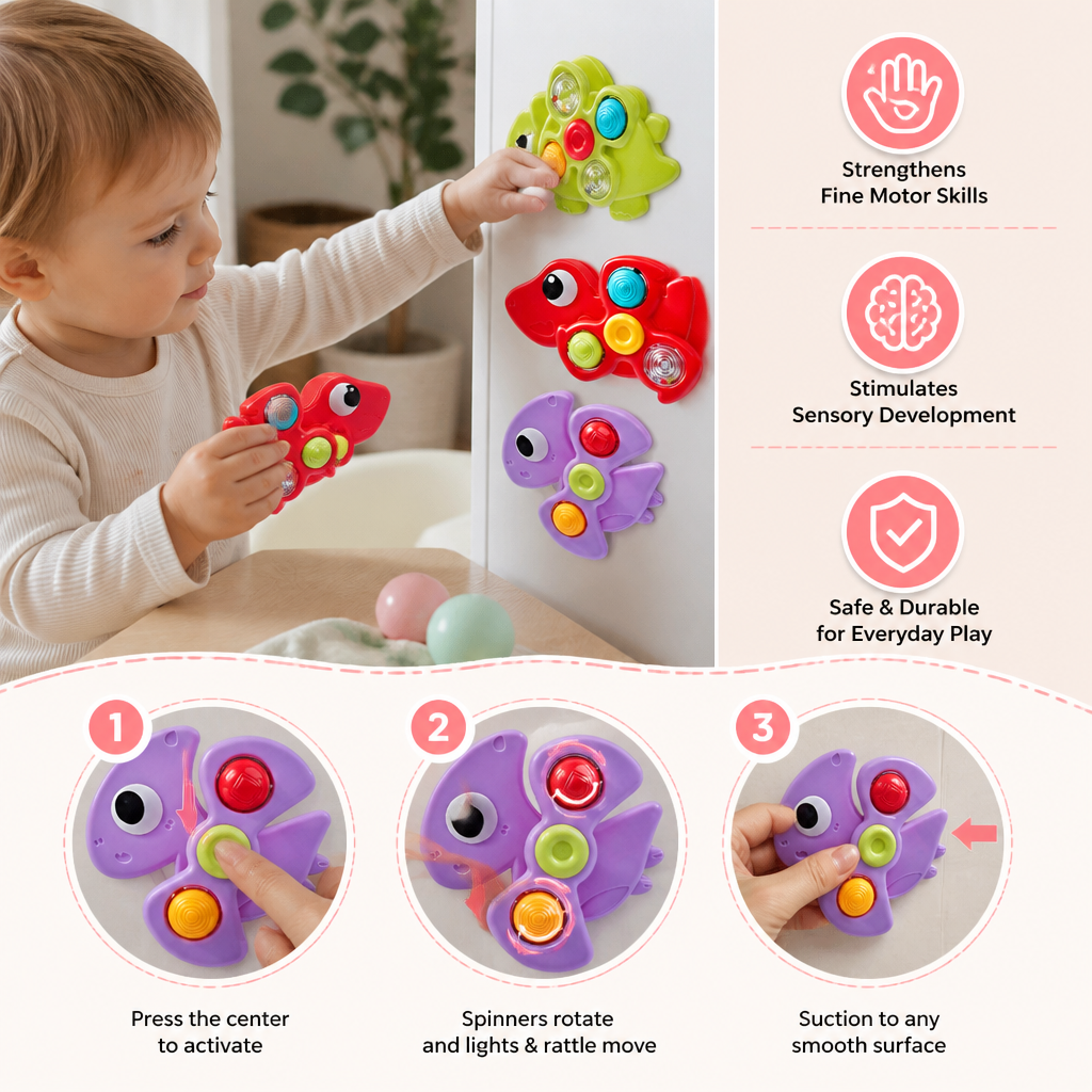 Dinosaur Suction Cup Spinner Toy for Babies & Toddlers Set of 3