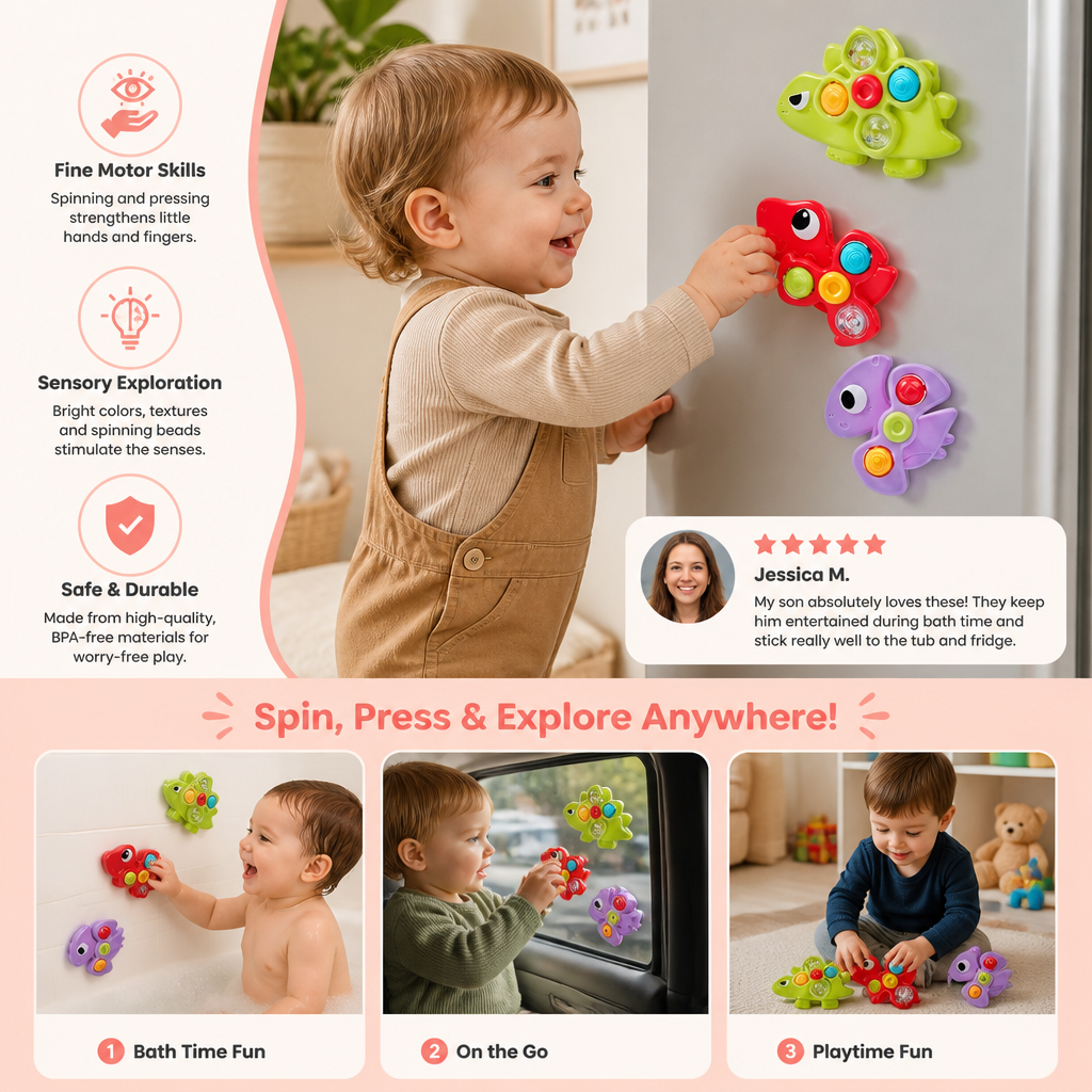 Dinosaur Suction Cup Spinner Toy for Babies & Toddlers Set of 3