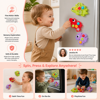 Dinosaur Suction Cup Spinner Toy for Babies & Toddlers Set of 3