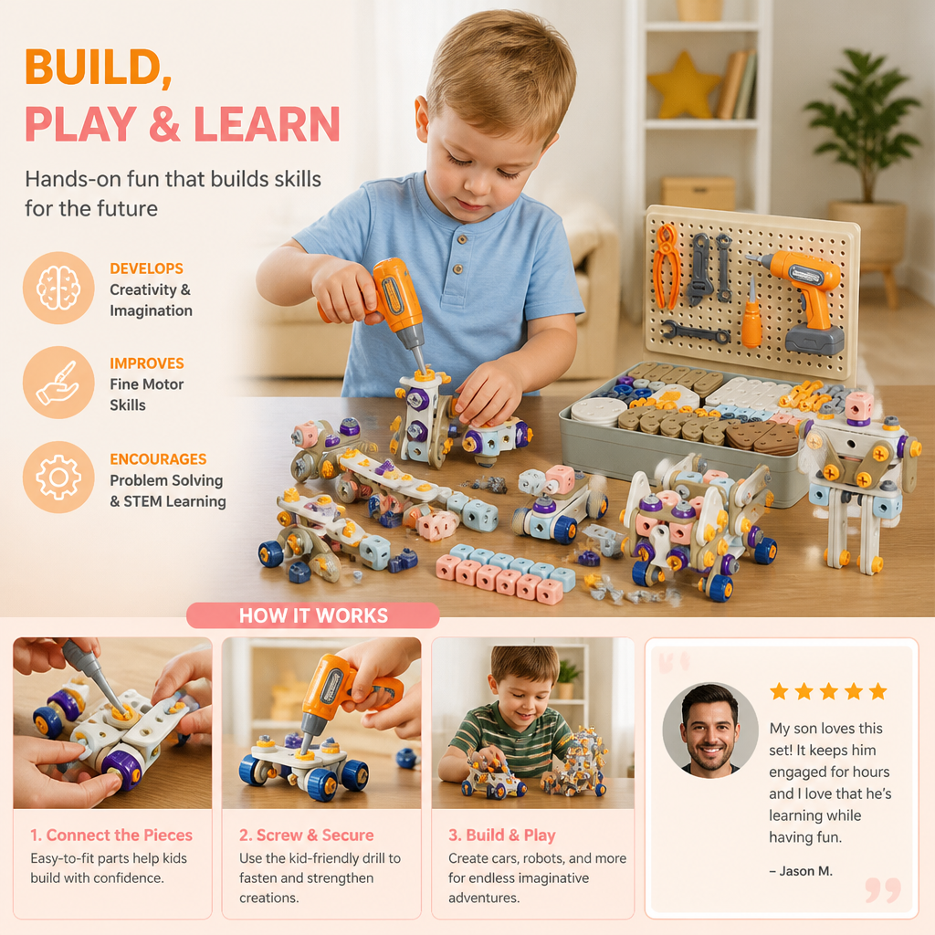 Kids’ DIY Tool Kit with Electric Drill – STEM Building Playset