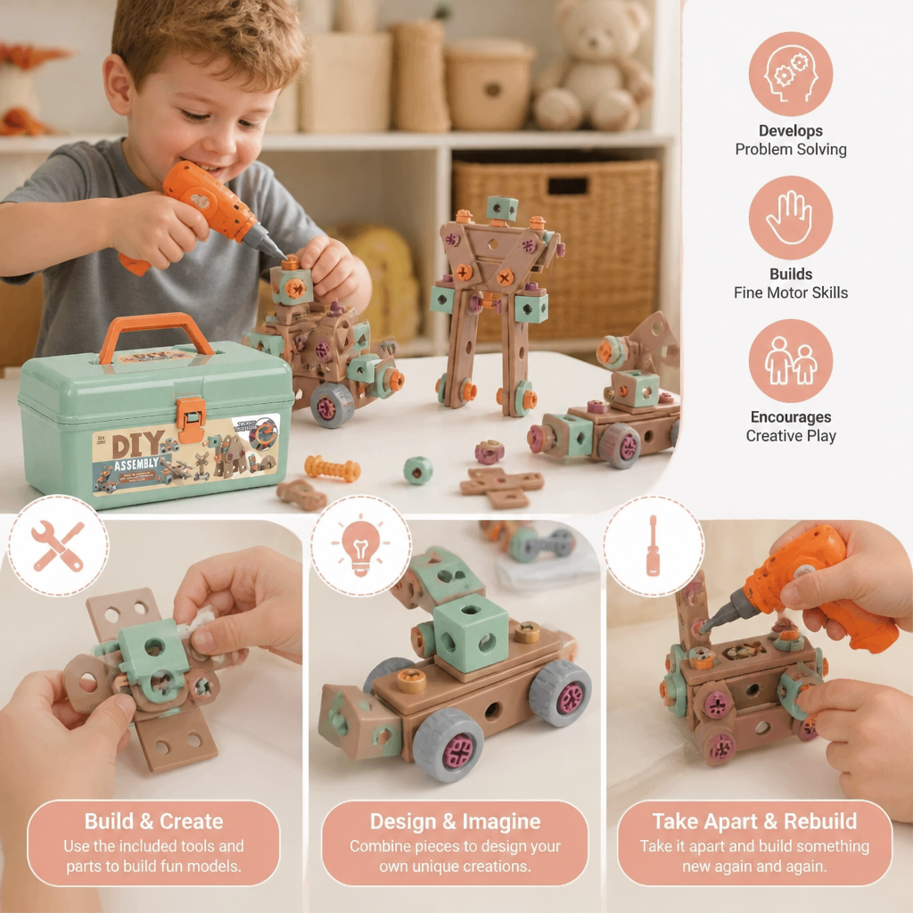 144-Piece Kids Tool Set with Drill & Toolbox – STEM Montessori Construction Kit