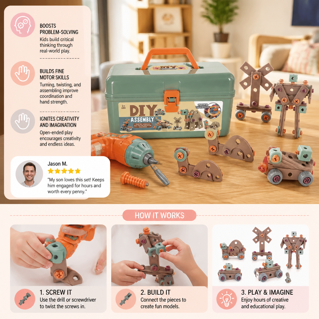 144-Piece Kids Tool Set with Drill & Toolbox – STEM Montessori Construction Kit