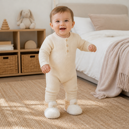 Warm & Cozy Fleece-Lined Cotton Baby Booties with Soft Soles