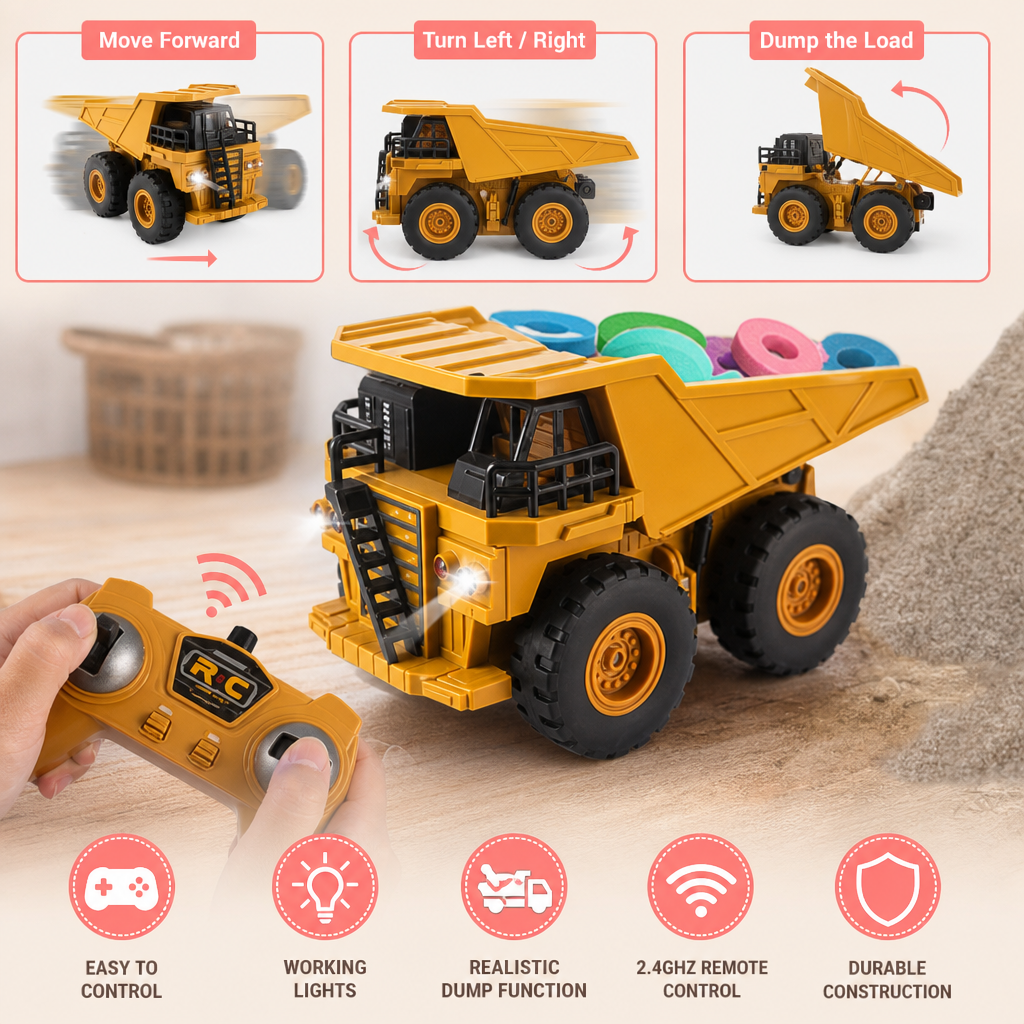 Remote-Controlled Dump Truck with Lights – Construction Vehicle Toy