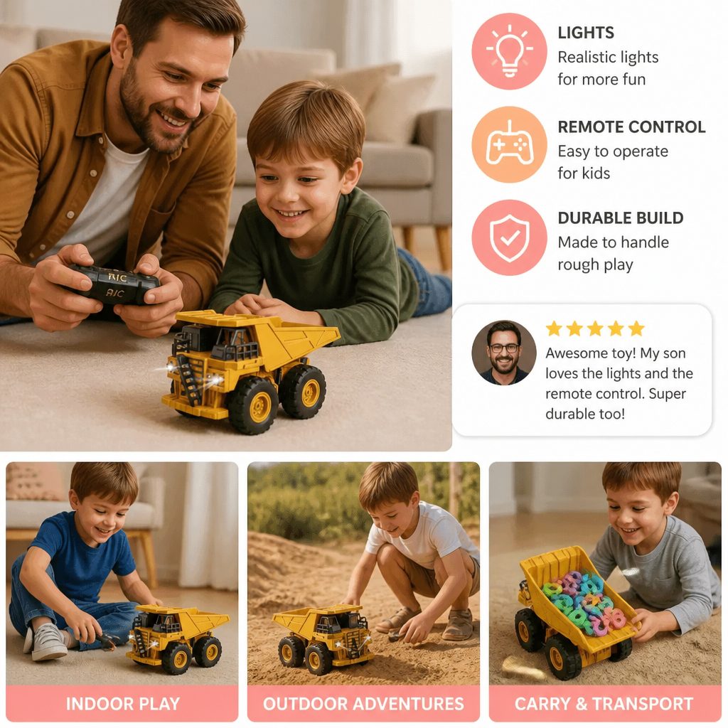 Remote-Controlled Dump Truck with Lights – Construction Vehicle Toy