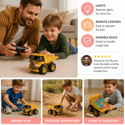Remote-Controlled Dump Truck with Lights – Construction Vehicle Toy