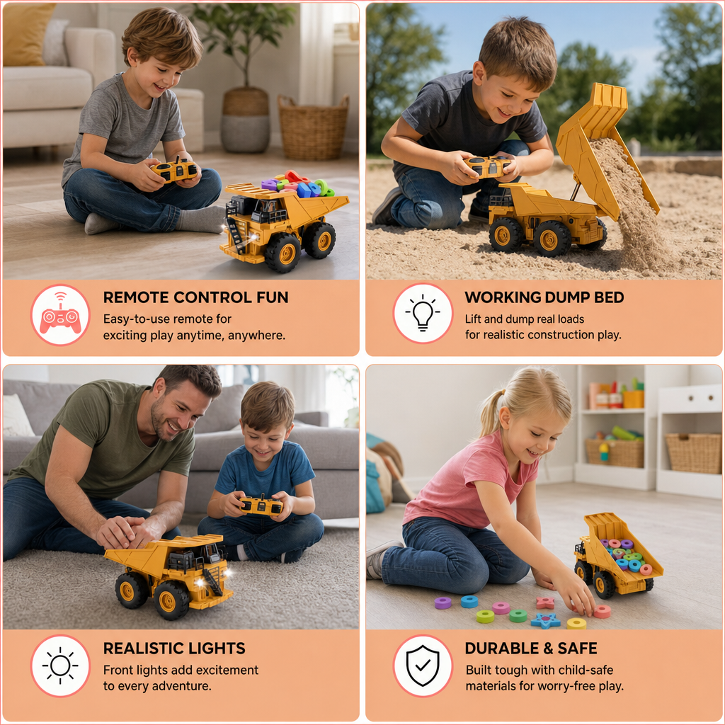 Remote-Controlled Dump Truck with Lights – Construction Vehicle Toy