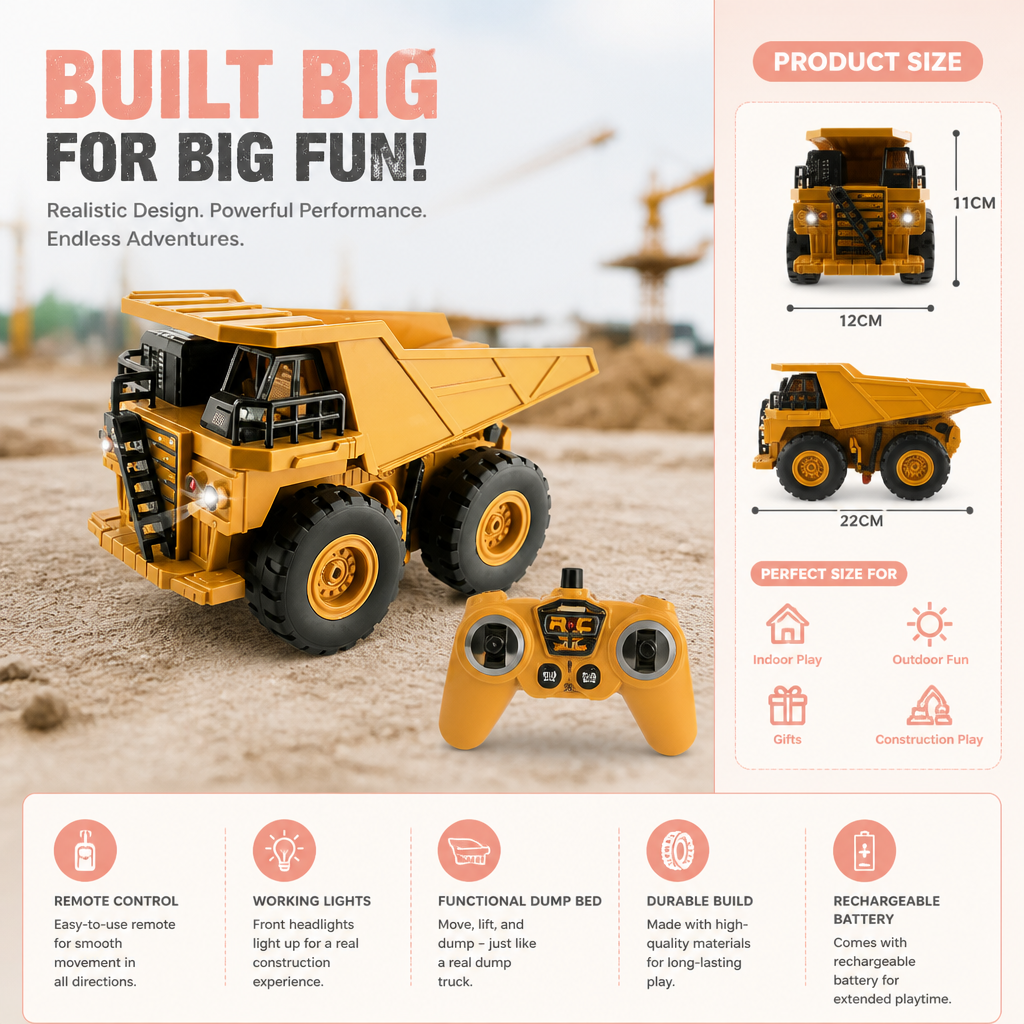 Remote-Controlled Dump Truck with Lights – Construction Vehicle Toy