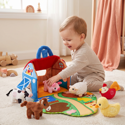 Farm Animal Plush Playset – Interactive Learning Toy with Portable Playhouse
