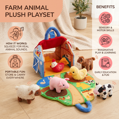 Farm Animal Plush Playset – Interactive Learning Toy with Portable Playhouse