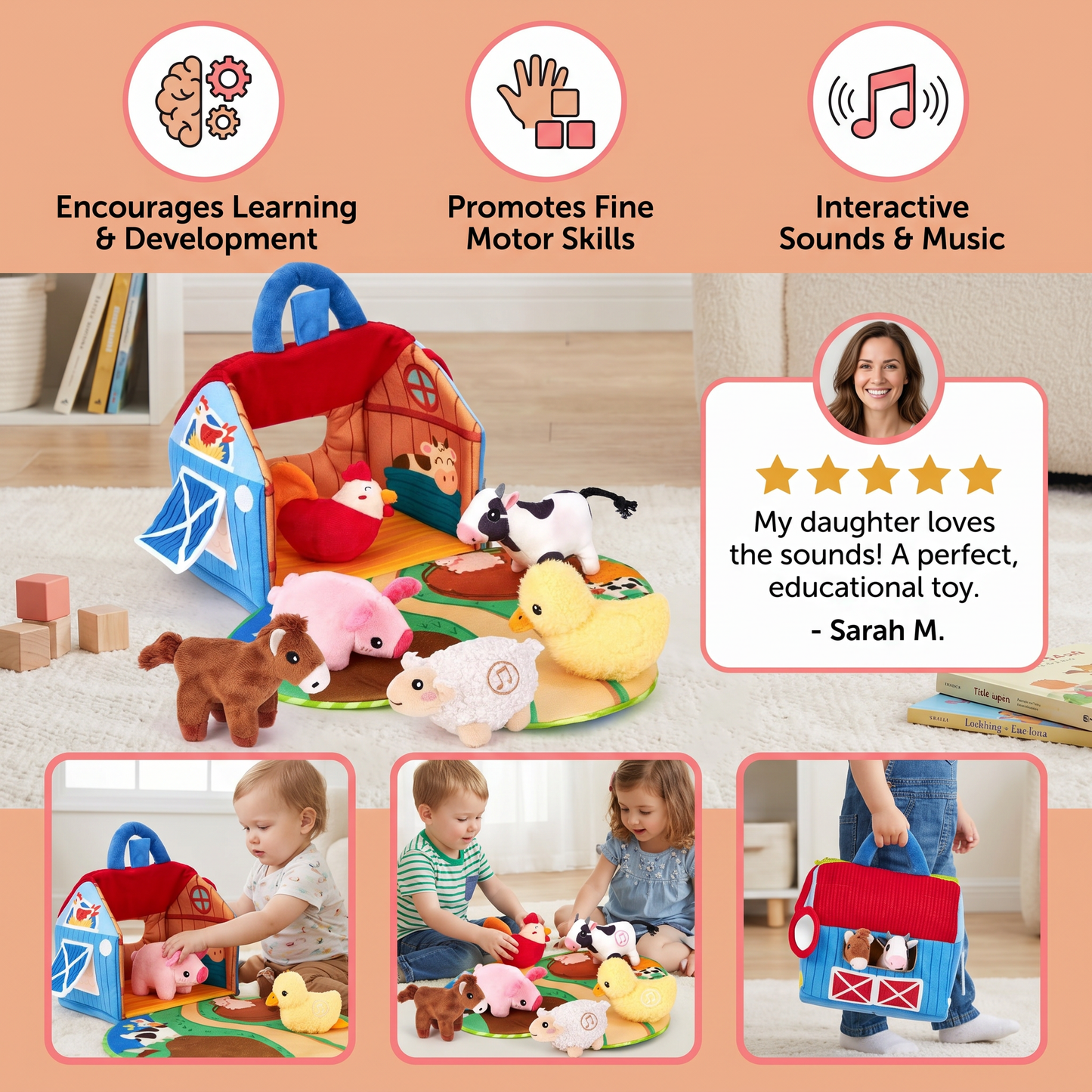 Farm Animal Plush Playset – Interactive Learning Toy with Portable Playhouse