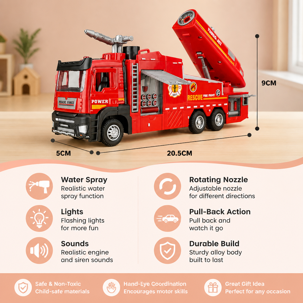 Pull-Back Fire Truck Toy with Water Spray, Lights & Sounds