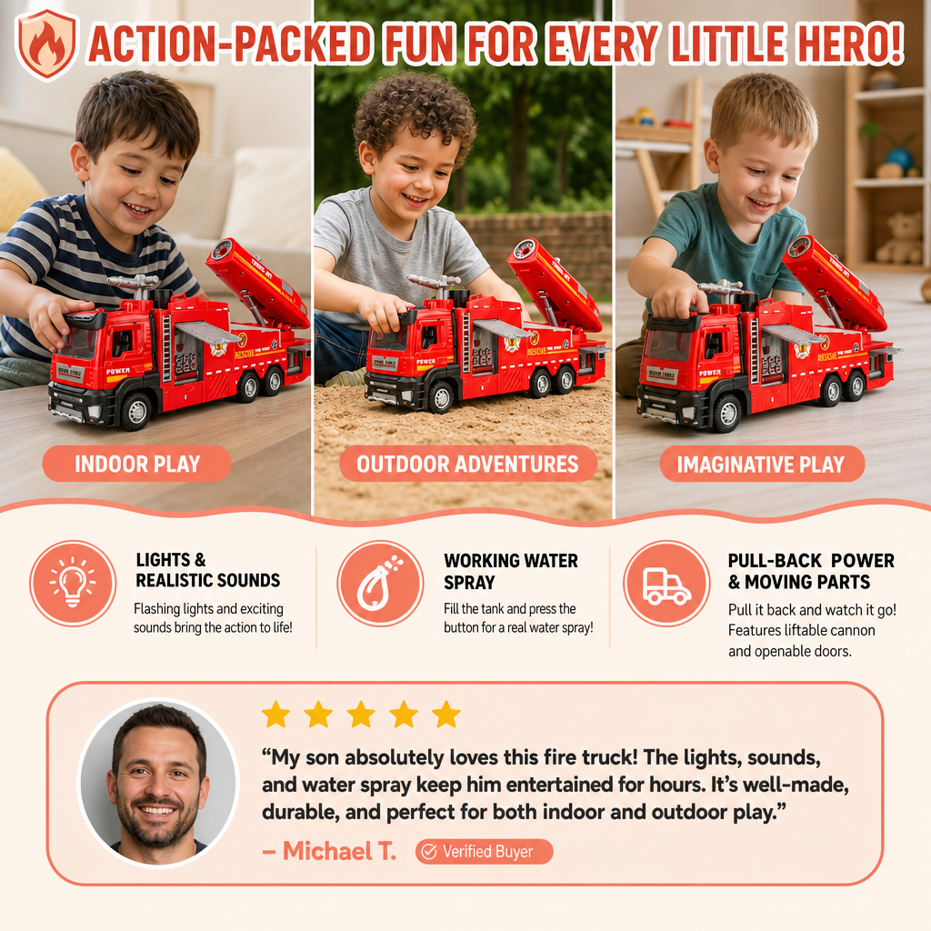 Pull-Back Fire Truck Toy with Water Spray, Lights & Sounds