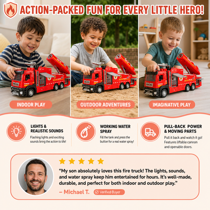 Pull-Back Fire Truck Toy with Water Spray, Lights & Sounds