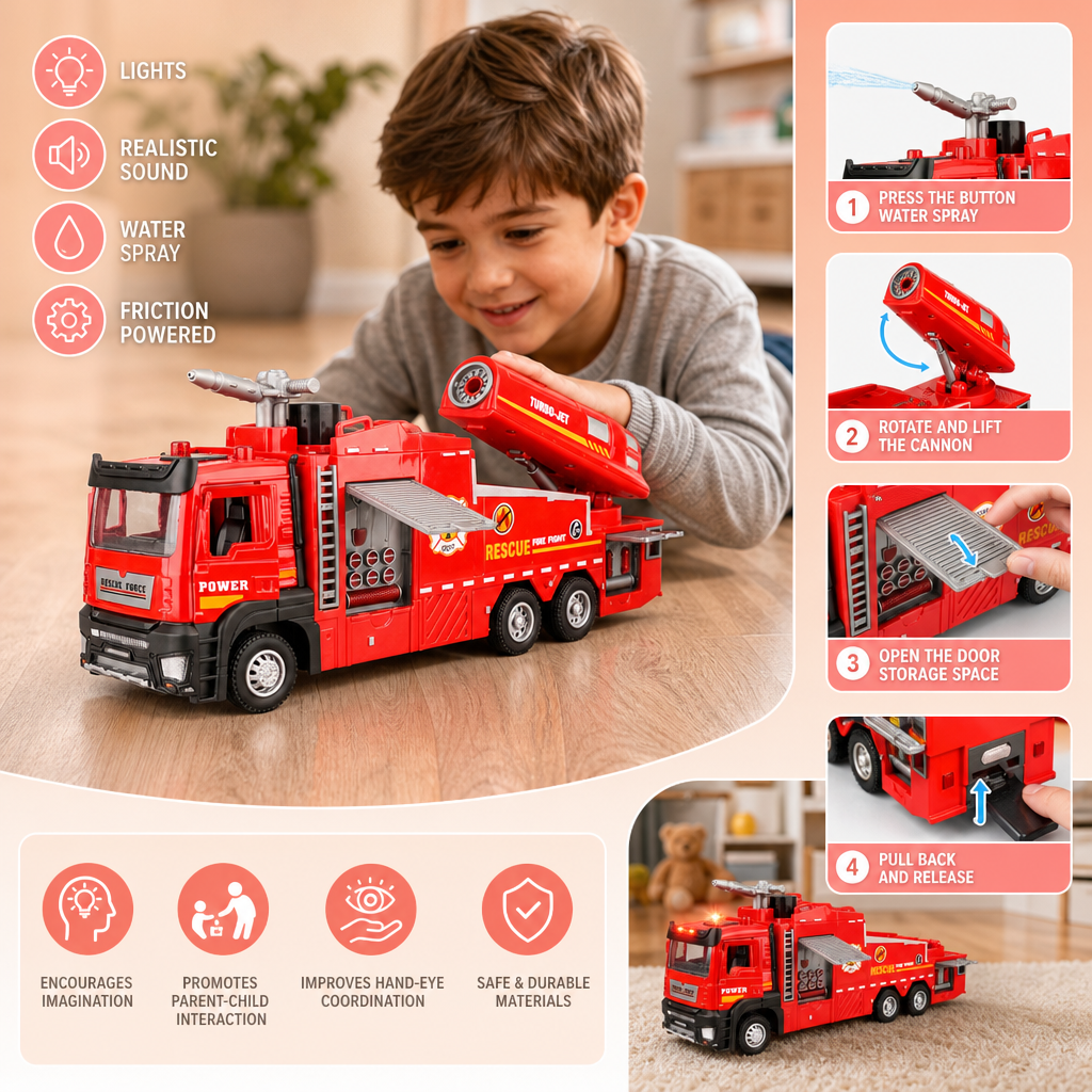 Pull-Back Fire Truck Toy with Water Spray, Lights & Sounds