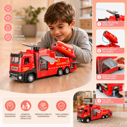 Pull-Back Fire Truck Toy with Water Spray, Lights & Sounds