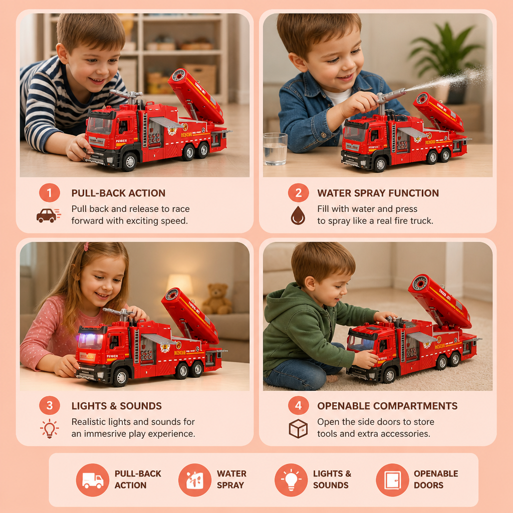 Pull-Back Fire Truck Toy with Water Spray, Lights & Sounds