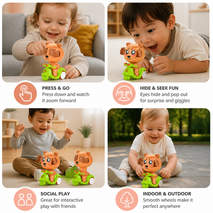 Press & Go Animal Motorcycle Toy – Cute Hide-and-Seek Character Car