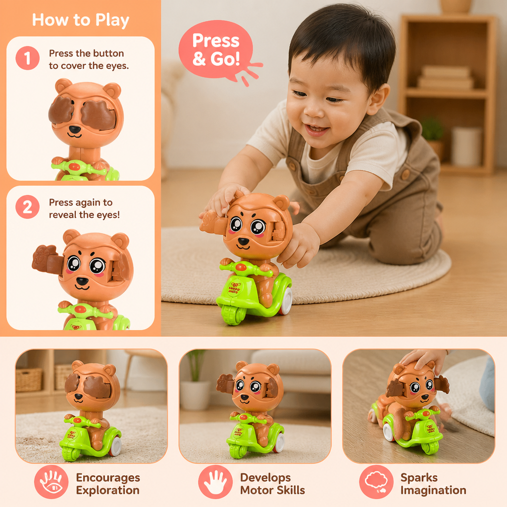 Press & Go Animal Motorcycle Toy – Cute Hide-and-Seek Character Car
