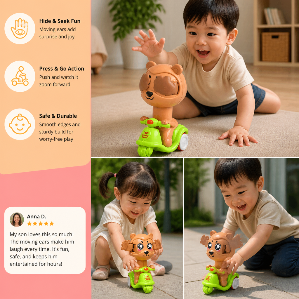 Press & Go Animal Motorcycle Toy – Cute Hide-and-Seek Character Car