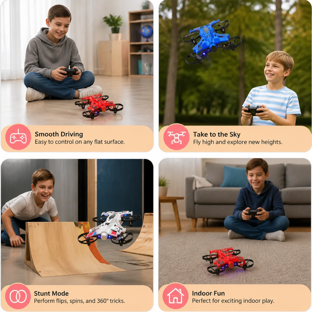 2-in-1 Remote Control Flying Drone & Stunt Racing Car