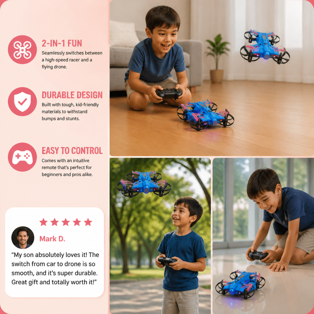 2-in-1 Remote Control Flying Drone & Stunt Racing Car