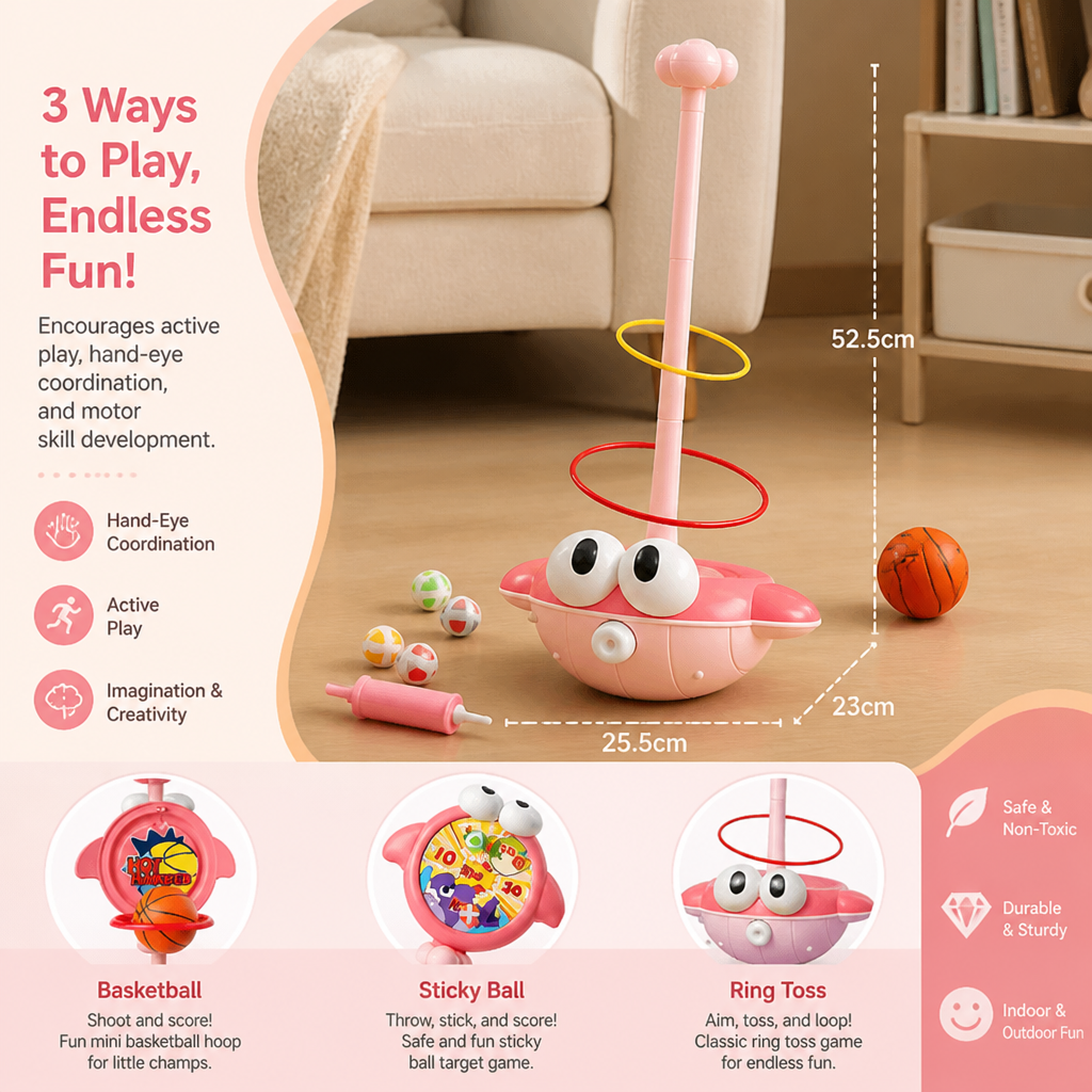 3-in-1 Educational Activity Game – Ring Toss, Basketball & Sticky Ball