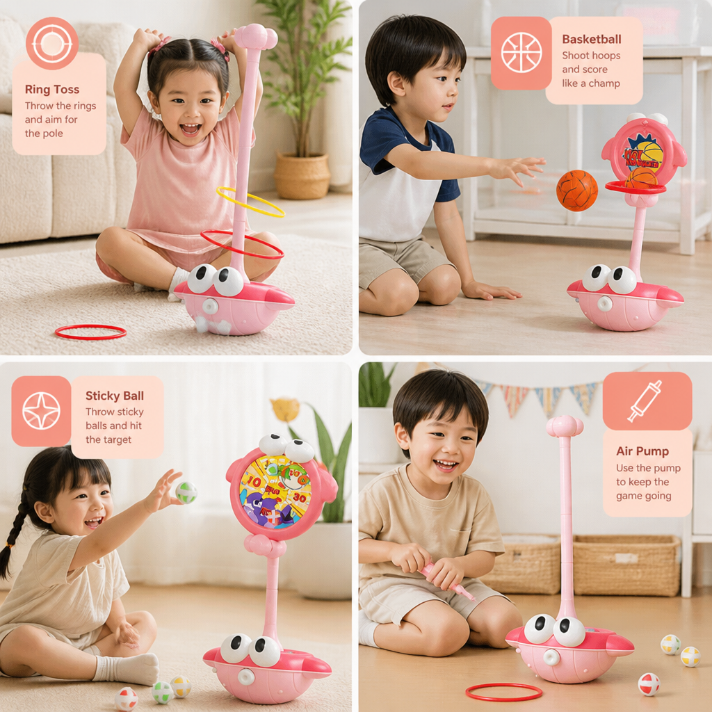 3-in-1 Educational Activity Game – Ring Toss, Basketball & Sticky Ball