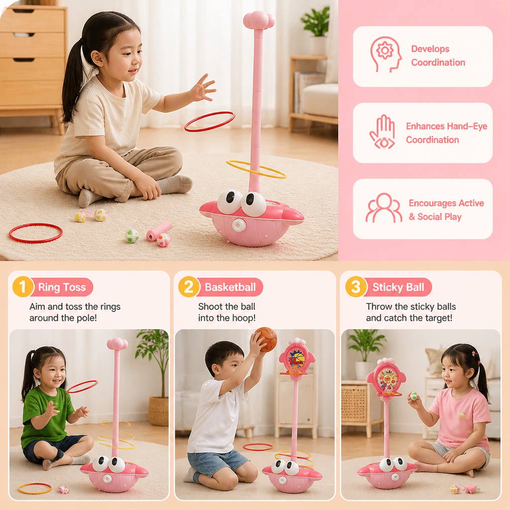 3-in-1 Educational Activity Game – Ring Toss, Basketball & Sticky Ball