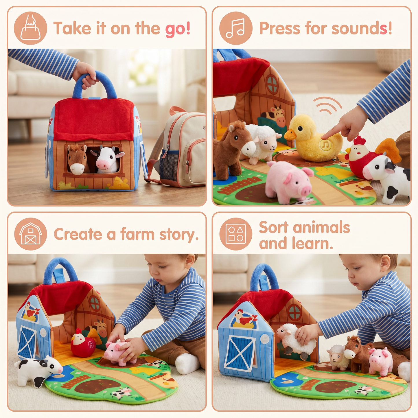 Farm Animal Plush Playset – Interactive Learning Toy with Portable Playhouse
