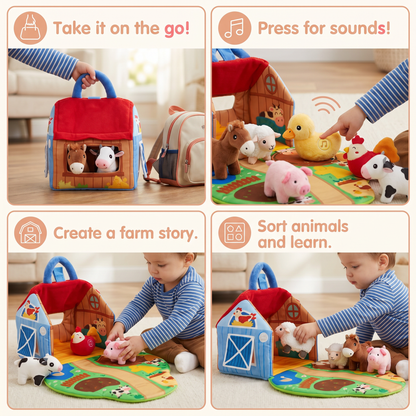 Farm Animal Plush Playset – Interactive Learning Toy with Portable Playhouse