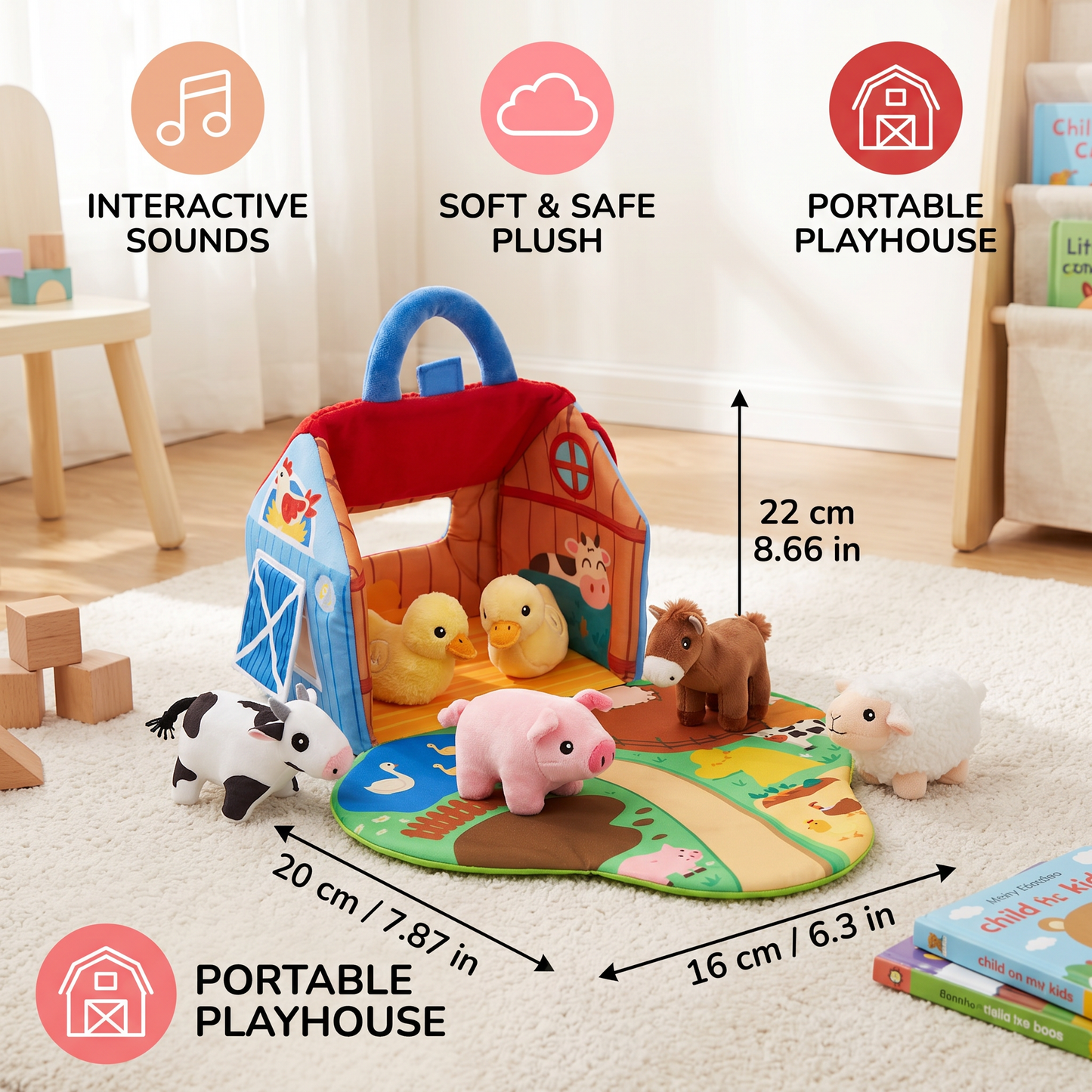 Farm Animal Plush Playset – Interactive Learning Toy with Portable Playhouse