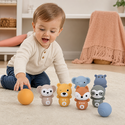 6-in-1 Soft Rubber Animal Bowling & Stacking Game – Montessori Learning Toy for Kids