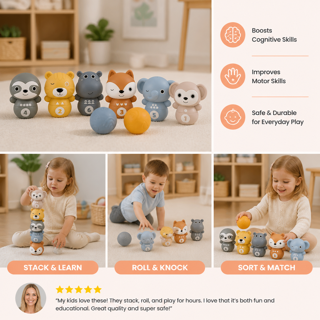 6-in-1 Soft Rubber Animal Bowling & Stacking Game – Montessori Learning Toy for Kids