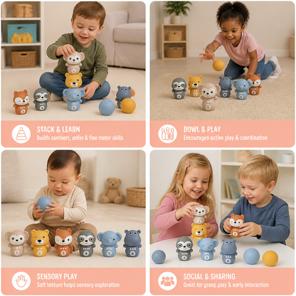 6-in-1 Soft Rubber Animal Bowling & Stacking Game – Montessori Learning Toy for Kids