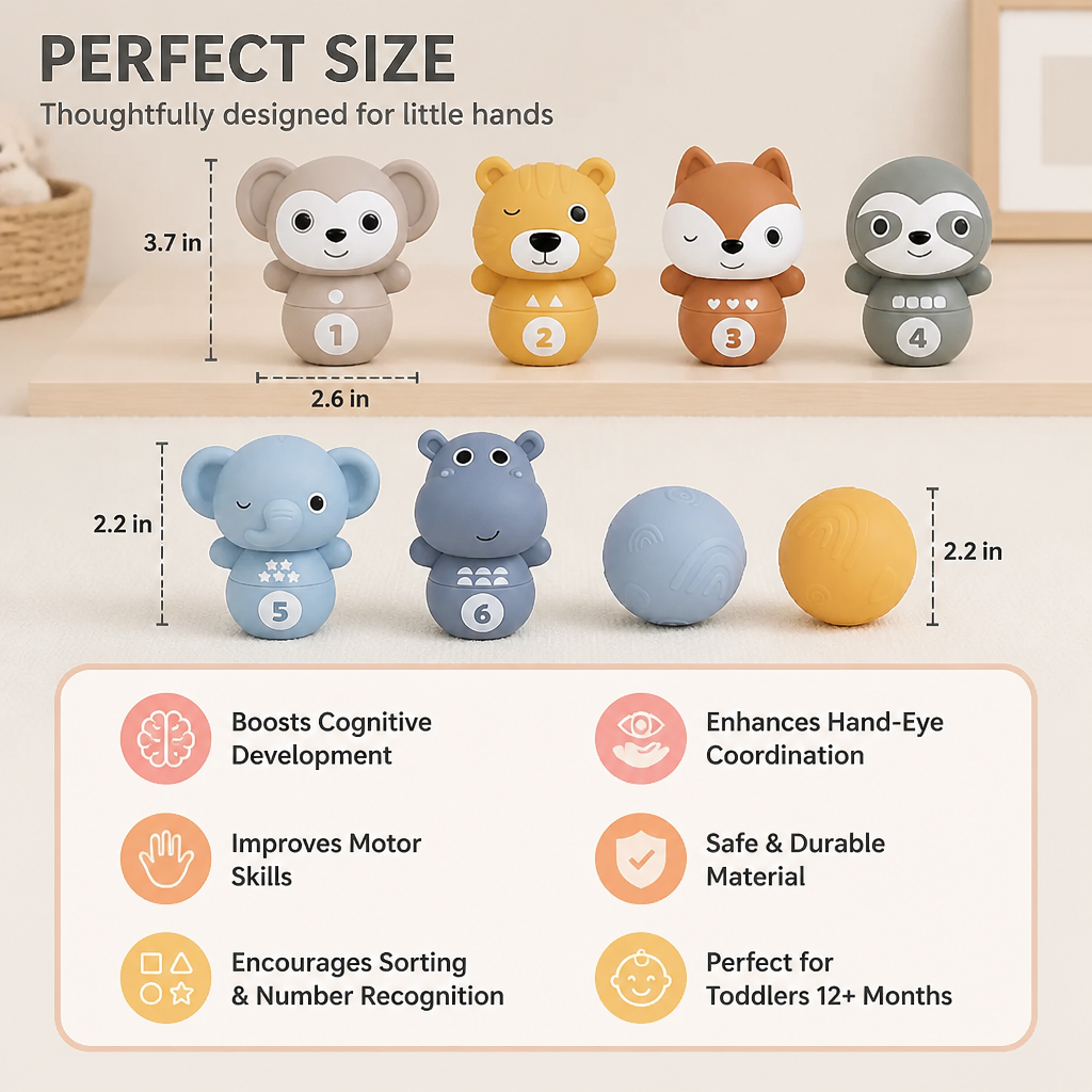 6-in-1 Soft Rubber Animal Bowling & Stacking Game – Montessori Learning Toy for Kids