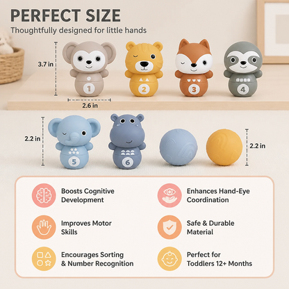 6-in-1 Soft Rubber Animal Bowling & Stacking Game – Montessori Learning Toy for Kids