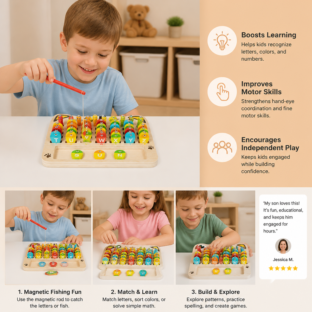 Wooden Magnetic Fishing Game – Alphabet, Math & Fine Motor Skills Learning Toy for Kids