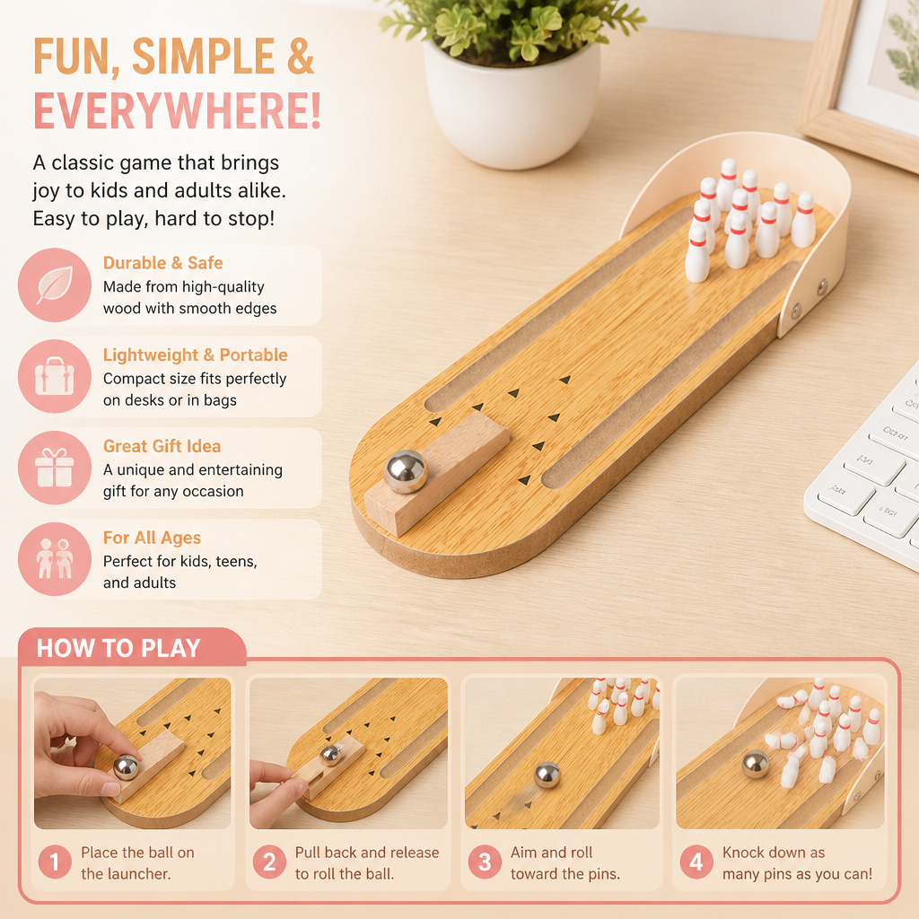 Wooden Mini Bowling Game – Portable Desktop Bowling Set for Kids