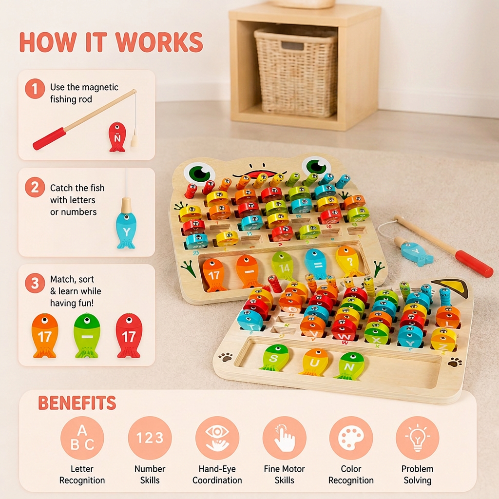 Wooden Magnetic Fishing Game – Alphabet, Math & Fine Motor Skills Learning Toy for Kids