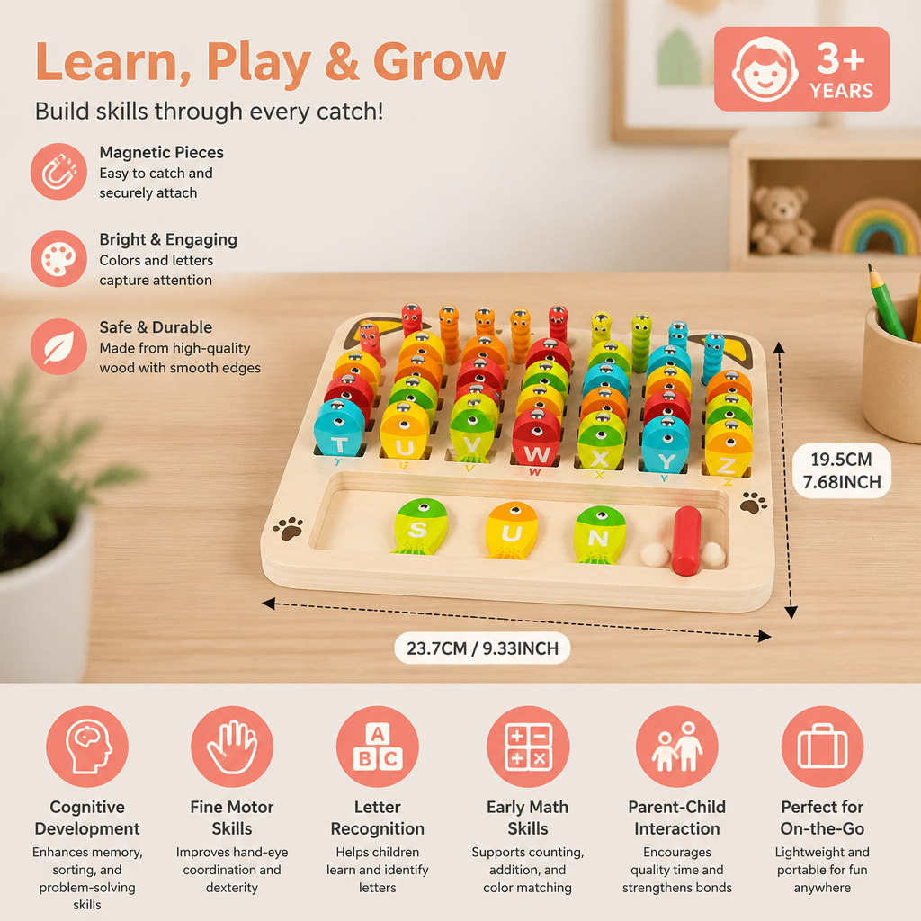 Wooden Magnetic Fishing Game – Alphabet, Math & Fine Motor Skills Learning Toy for Kids