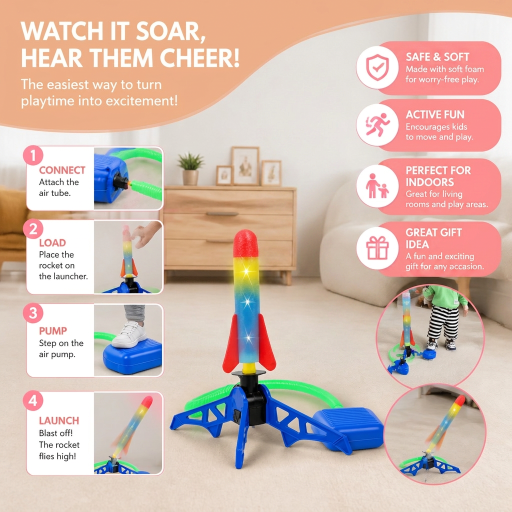 Safe & Soft Kids Rocket Launcher- Lightning Air-Powered Indoor Fun