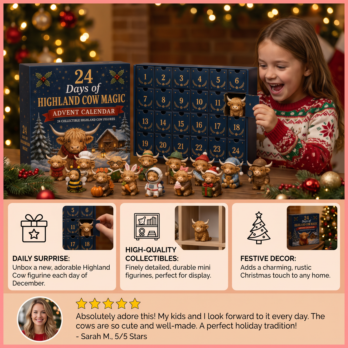 24-Day Highland Cow Advent Calendar with Collectible Mini Figurines