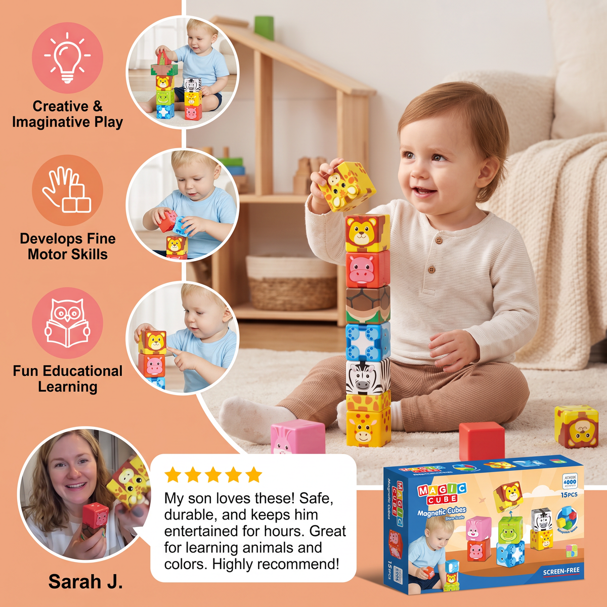 Toddler-Safe 4.2 cm Safari Animal Magnetic Building Cubes – STEM Learning Blocks