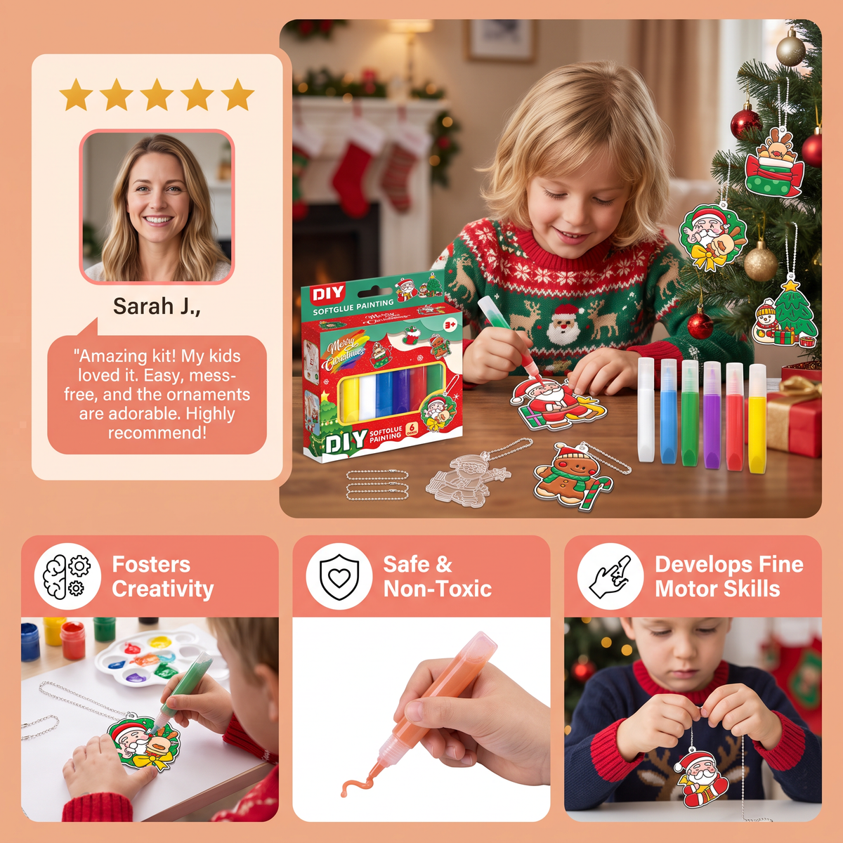 DIY Christmas No-Bake Glue Painting Ornament Craft Kit for Kids