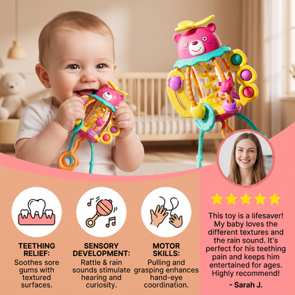 3-in-1 Multisensory Teething Toy with Pull Strings, Rattle & Rain Sounds for Babies