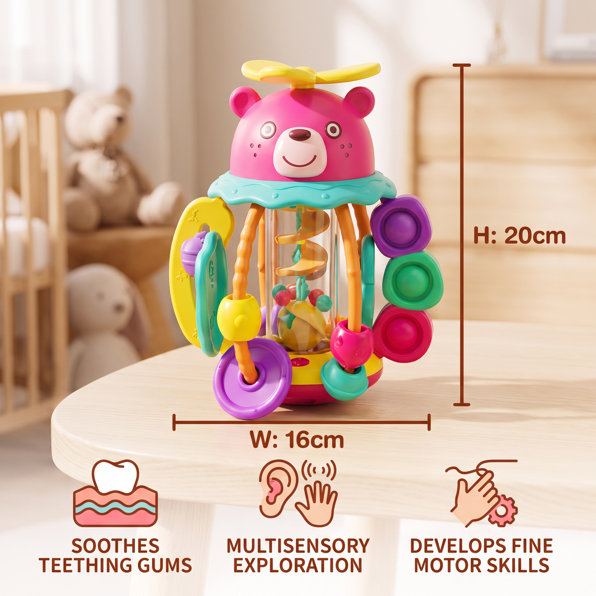 3-in-1 Multisensory Teething Toy with Pull Strings, Rattle & Rain Sounds for Babies