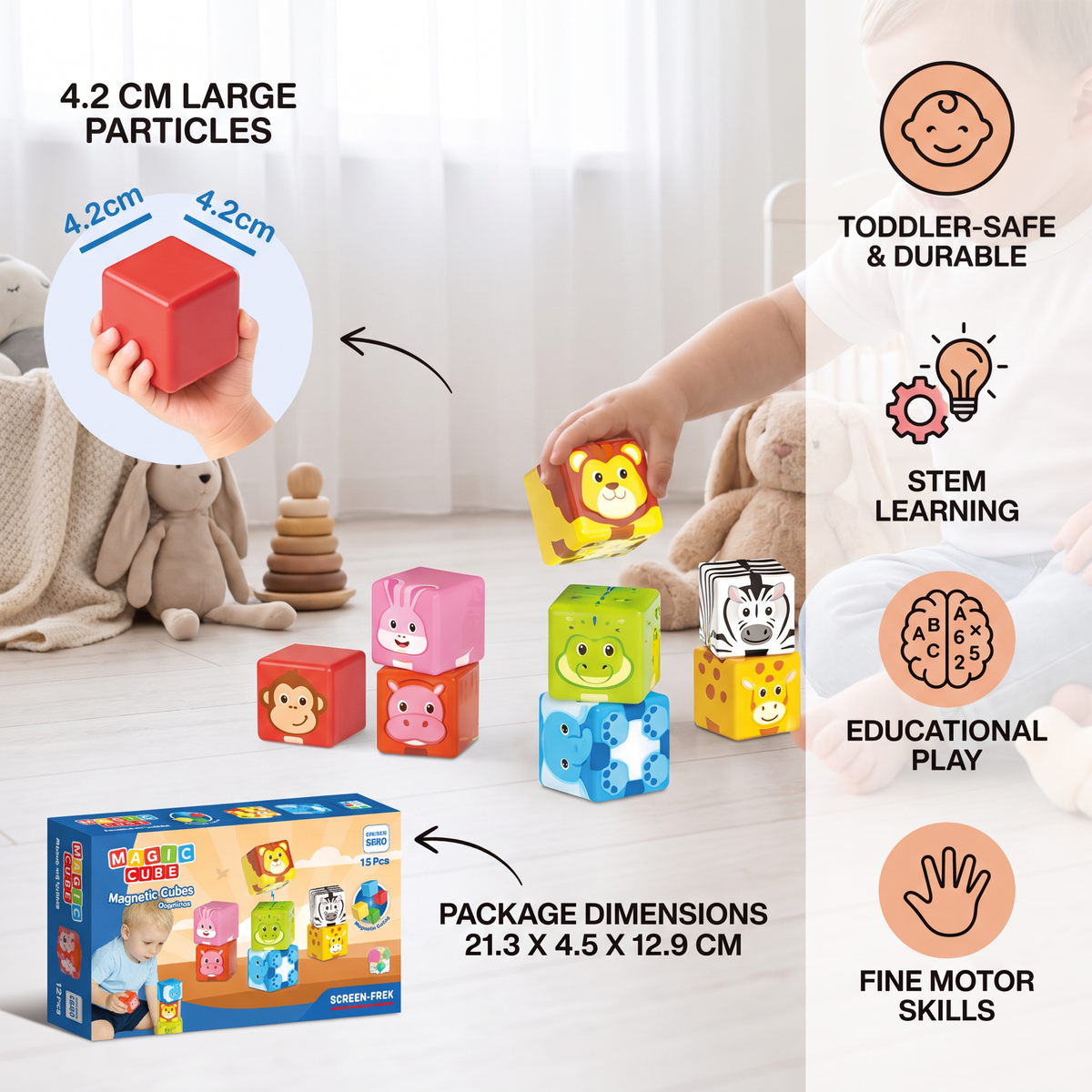 Toddler-Safe 4.2 cm Safari Animal Magnetic Building Cubes – STEM Learning Blocks