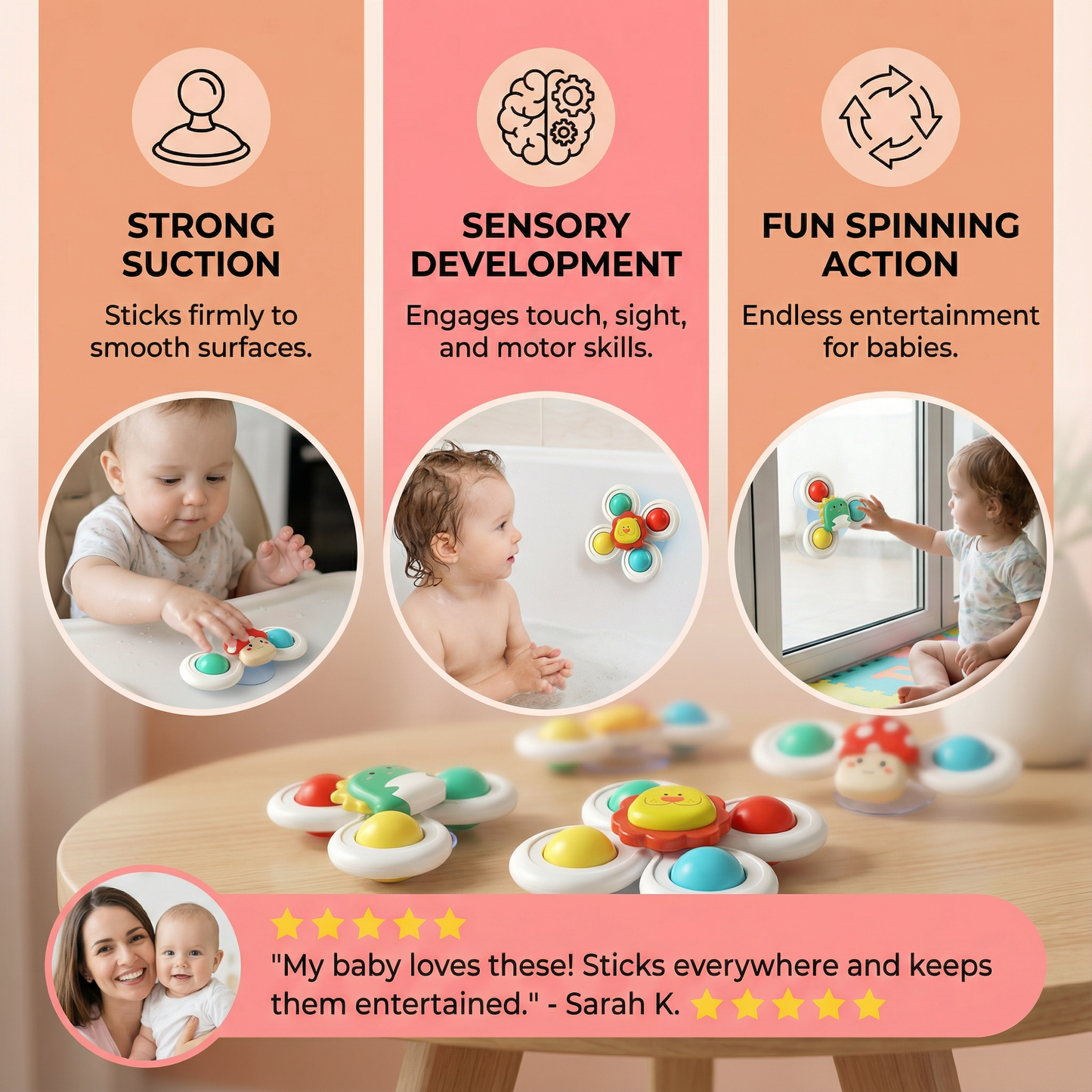 Cute Suction Cup Spinning Toy Set for Babies – 3 Pack