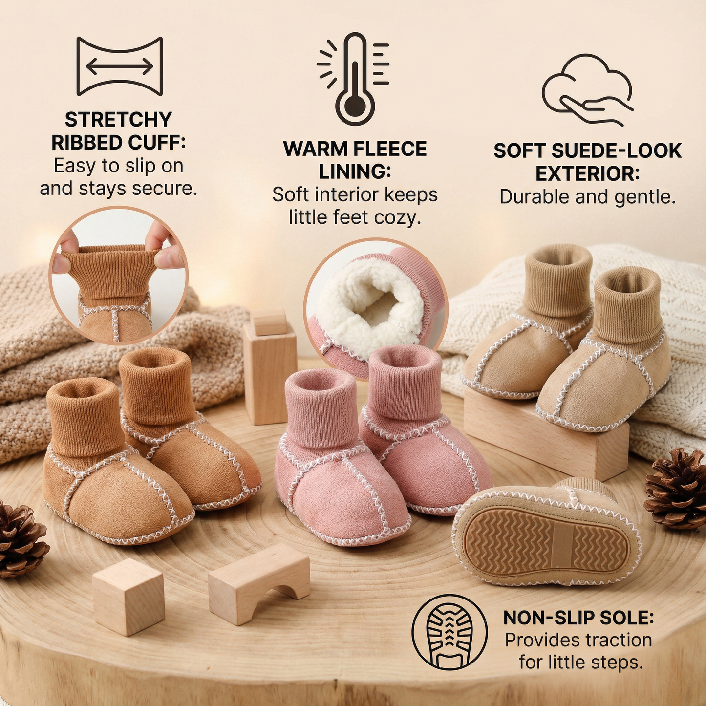Fleece-Lined Baby Winter Sock Shoes in Suede Look
